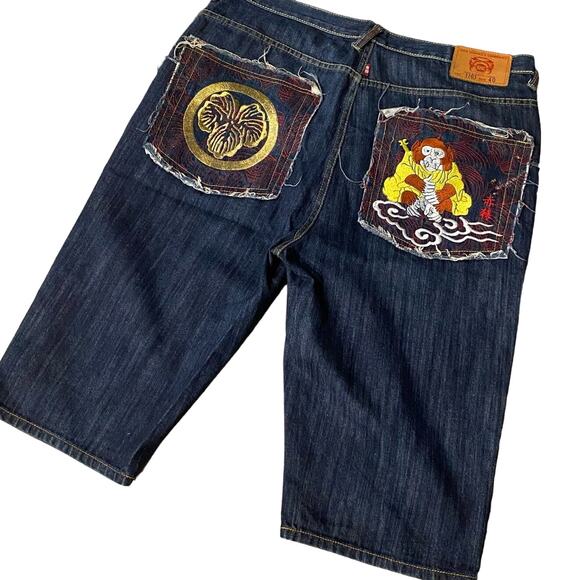 Red Monkey RMC Vintage Denim Skater Shorts SIZE 40 M Ksohoh Monkey King Pocket - Picture 1 of 14